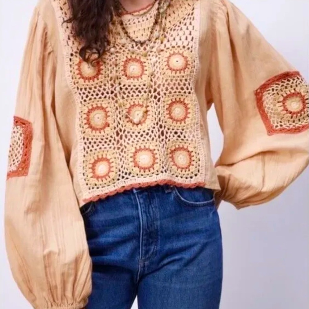 Zara Granny Square Crochet Medallion Front Full Sleeve Cropped Blouse